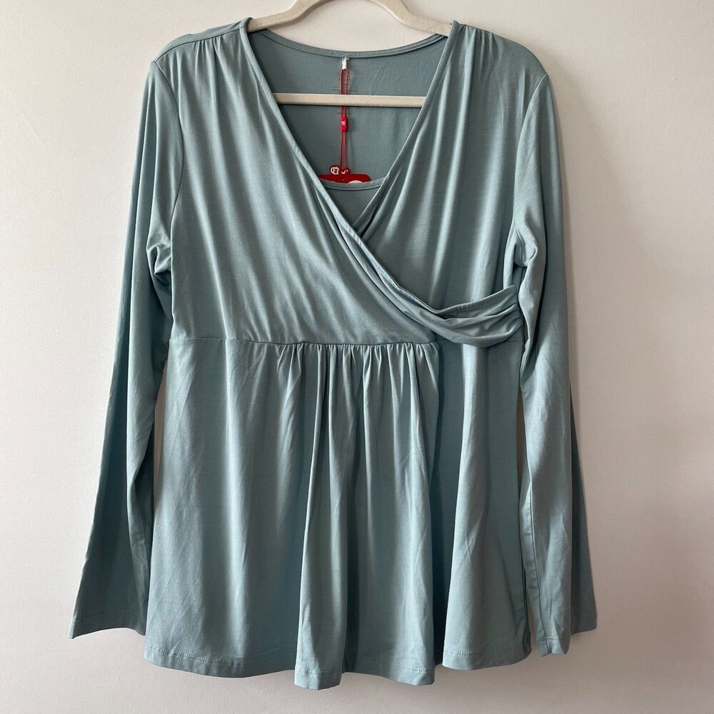 Easweet Women’s Large Bamboo Viscose Surplice Babydoll Top Blue NWT